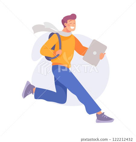 Rejoiced Man Student Character with Backpack Jump with Joy Vector Illustration 122212432