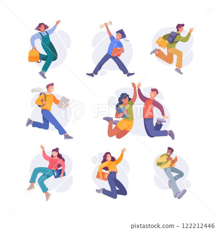 Rejoiced Man and Woman Student Character Jump with Joy Vector Illustration Set Rejoiced Man and Woman Student Character Jump with Joy Vector Illustration Set 122212446