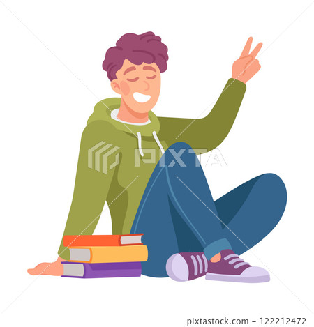Man Student Character with Book Show V Sign Gesture Vector Illustration 122212472
