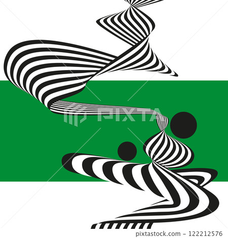 Monochrome background, black and white stripes twisted on a white and green abstract background. 122212576
