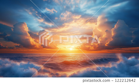 Breathtaking sunset over ocean with vibrant clouds and waves crashing 122212642
