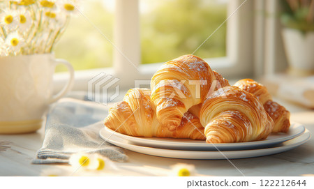 Freshly baked croissants on plate, perfect for sunny morning 122212644