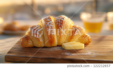 Freshly baked croissant with butter on wooden board, evoking warmth and comfort 122212657