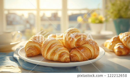 Freshly baked croissants on plate, evoking warmth and comfort 122212658
