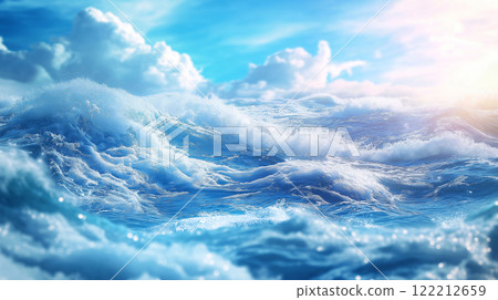Majestic ocean waves crashing under bright blue sky create serene atmosphere 122212659