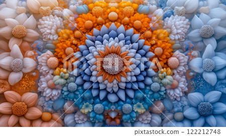 Vibrant floral patterns with blue, orange, and white flowers create stunning visual 122212748
