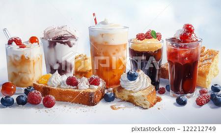 Delicious drinks and desserts with vibrant colors and textures 122212749