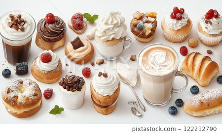 Delicious desserts and coffee arranged beautifully, perfect for sweet treat! 122212790