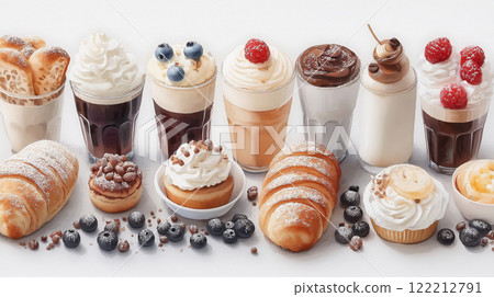 Delicious desserts and beverages including pastries, cream, and fruits 122212791
