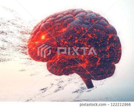 A digital illustration of a glowing futuristic brain with interconnected red neural lines 122212866