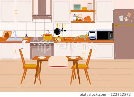 Interior of a kitchen with furniture and appliances. Interior of a kitchen with furniture and appliances. 122212872