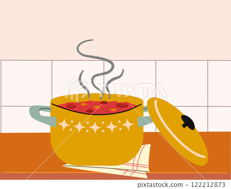 Hot soup in a pot on the kitchen table. Home cooking. Hot soup in a pot on the kitchen table. Home cooking. 122212873