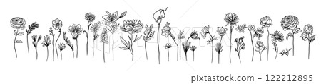Flower set continuous outline style. Decoration flower, botanical floral element, blossom one line art for wedding, spring concept background. hand drawing. Not AI, Vector illustration Flower set continuous outline style. Decoration flower, botanical floral element, blossom one line art for wedding, spring concept background. hand drawing. Not AI, Vector illustration 122212895