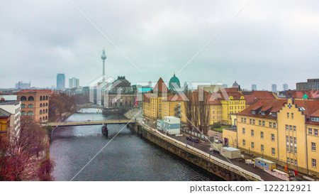 Aerial view on Bode-Museum in Berlin and Spree river and Fernsehturm Aerial view on Bode-Museum in Berlin and Spree river and Fernsehturm 122212921