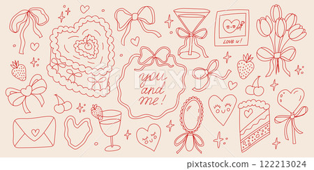Sweet love doodles with hearts and treats set in a romantic pastel theme 122213024
