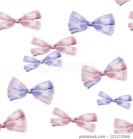 Watercolor red, pink and violet bows seamless pattern. Hand-drawn gift bow isolated on white background. Holiday illustration for design, print, fabric or background. Watercolor red, pink and violet bows seamless pattern. Hand-drawn gift bow isolated on white background. Holiday illustration for design, print, fabric or background. 122213066
