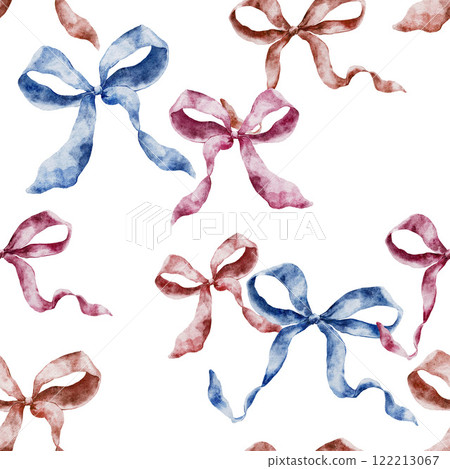 Watercolor red, pink and blue bows seamless pattern. Hand-drawn gift bow isolated on white background. Holiday illustration for design, print, fabric or background. 122213067