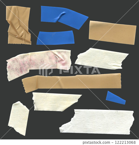 Torn vintage scotch set of pieces with jagged uneven edges. Grunge element bundle for collage, text box, banner, sticker, poster. 122213068