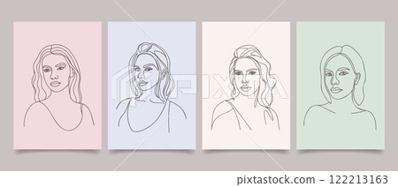 Set of posters with abstract modern portraits of beautiful young women. Line art. Hand drawn illustration. 122213163
