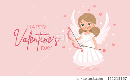 Valentine's day card with cute angel girl, cupid with bow and arrow. Illustration, holiday card 122213167