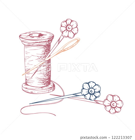 Wooden red thread spool skein bobbin, pin needles. Hand drawn ink vector illustration sewing craft embroidery supplies. Composition isolated on white background. Design atelier, tailor, hobby shop Wooden red thread spool skein bobbin, pin needles. Hand drawn ink vector illustration sewing craft embroidery supplies. Composition isolated on white background. Design atelier, tailor, hobby shop 122213307