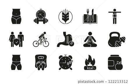 Exercise, Nutrition, Wellness Silhouette Icon Set for Healthy Living. Calorie Burning and Weight Loss Concept. Yoga, Cycling, Workout Symbols. Isolated Vector Illustration 122213312