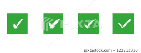 Pixelated Green Check Mark Icons Set in Square Shape. Approval or Success Symbols Collection. Validation and Confirmation Sign. Isolated Vector Illustration 122213316