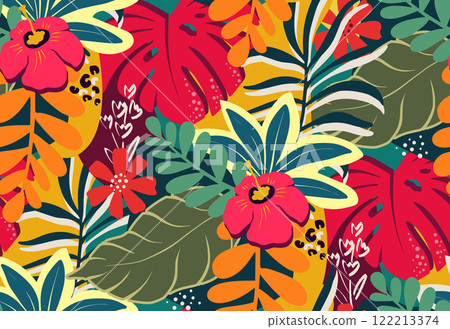 Bright vector seamless pattern with colorful tropical plants and flowers, palm leaves. Cute botanical abstract contemporary endless background. Bright vector seamless pattern with colorful tropical plants and flowers, palm leaves. Cute botanical abstract contemporary endless background. 122213374
