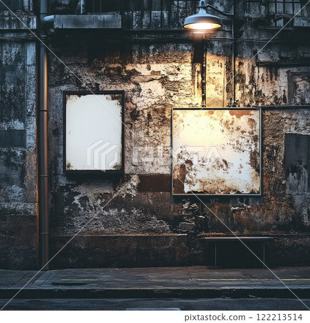 Photo of an event poster mockup displayed on a city wall featuring a weathered texture, illuminated by soft street lighting and high contrast colors, creating a raw and energetic aesthetic 122213514