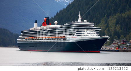 Luxury cruise ship ocean. White yacht calm water. Scenic island mountains background. Tropical vacation travel. Summer getaway cruise Island cruise. Luxury travel Luxury cruise ship ocean. White yacht calm water. Scenic island mountains background. Tropical vacation travel. Summer getaway cruise Island cruise. Luxury travel 122213522