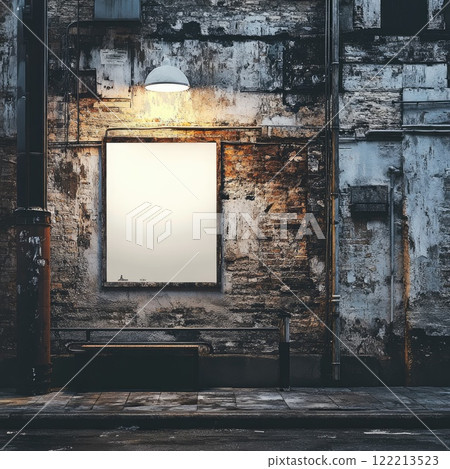 Photo of an event poster mockup displayed on a city wall featuring a weathered texture, illuminated by soft street lighting and high contrast colors, creating a raw and energetic aesthetic 122213523