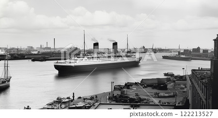 Ocean liner ship. Vintage cruise ship. Black and white photo. Harbor city landscape. Industrial waterfront. Historic vessel. Travel poster. Maritime history. Retro image. Water transport. 122213527