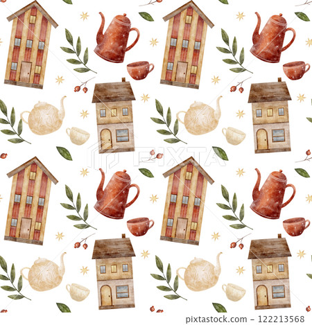 Watercolor Seamless pattern houses, teapot, cup, leaves. Illustration on a white background. Holiday print for textiles, fabrics, packaging, clothes, printing, cards Watercolor Seamless pattern houses, teapot, cup, leaves. Illustration on a white background. Holiday print for textiles, fabrics, packaging, clothes, printing, cards 122213568