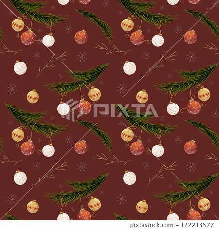 Watercolor pattern Christmas tree branch with New Year balls. holiday illustration on burgundy background. Seamless print for textiles, fabrics, packaging, clothes, printing, cards Watercolor pattern Christmas tree branch with New Year balls. holiday illustration on burgundy background. Seamless print for textiles, fabrics, packaging, clothes, printing, cards 122213577