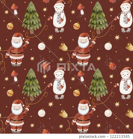 Watercolor Seamless pattern Santa, snowman, Christmas tree. Illustration splashes on burgundy background. New Year print for textiles, fabrics, packaging, clothes, printing, cards Watercolor Seamless pattern Santa, snowman, Christmas tree. Illustration splashes on burgundy background. New Year print for textiles, fabrics, packaging, clothes, printing, cards 122213585