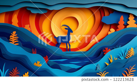 Paper cut design of goat, colorful vibrant card for children, copy space banner 122213628