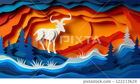 Paper cut design of goat, colorful vibrant card for children, copy space banner 122213629