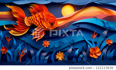 Paper cut design of fish, colorful vibrant card for children, copy space banner 122213636