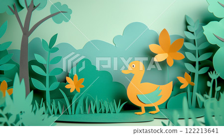 Paper cut design of duck, colorful vibrant card for children, copy space banner 122213641