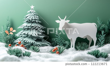 Banner with copy space, paper cut design, cow and Christmas tree, New Year 122213671