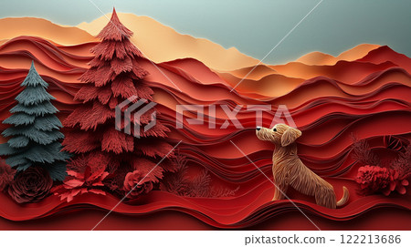 Banner with copy space, paper cut design, dog and Christmas tree, New Year 122213686