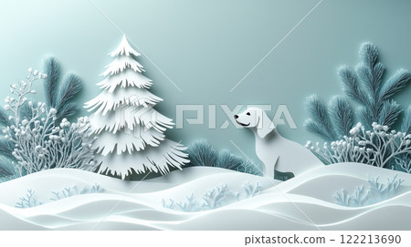 Banner with copy space, paper cut design, dog and Christmas tree, New Year 122213690