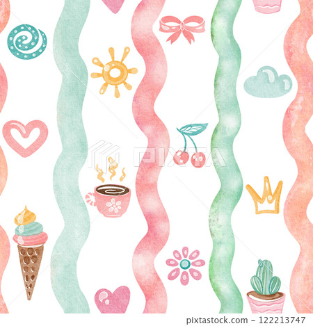 Summer seamless pattern with a playful theme, featuring clouds, hearts, and sun. Doodle art with rainbows, cherries, and flowers. Perfect for a nursery or childrens room wallpaper. Summer seamless pattern with a playful theme, featuring clouds, hearts, and sun. Doodle art with rainbows, cherries, and flowers. Perfect for a nursery or childrens room wallpaper. 122213747