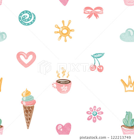 Seamless watercolor pattern with cute rainbow, butterflies, and flowers. Illustration for children's wallpaper or nursery textile design. Retro cartoon ornament for kids' bedding or wrapping paper. 122213749