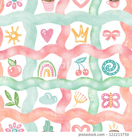 Cute checkered seamless doodle pattern illustration. Naive cartoon design with rainbow, butterfly, sun for nursery wallpaper or kindergarten decor. For children products or preschool backgrounds. Cute checkered seamless doodle pattern illustration. Naive cartoon design with rainbow, butterfly, sun for nursery wallpaper or kindergarten decor. For children products or preschool backgrounds. 122213750