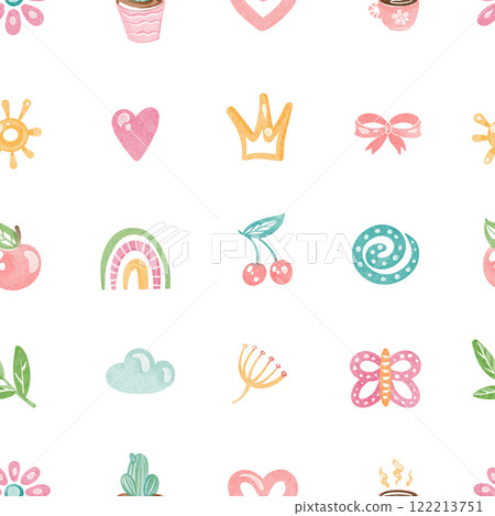 Seamless watercolor pattern with cute rainbow, butterflies, and flowers. Illustration for children's wallpaper or nursery textile design. Retro cartoon ornament for kids' bedding or wrapping paper. Seamless watercolor pattern with cute rainbow, butterflies, and flowers. Illustration for children's wallpaper or nursery textile design. Retro cartoon ornament for kids' bedding or wrapping paper. 122213751