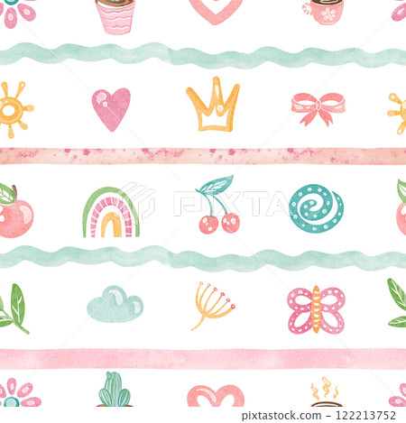Summer seamless pattern with a playful theme, featuring clouds, hearts, and sun. Doodle art with rainbows, cherries, and flowers. Perfect for a nursery or children room wallpaper. Summer seamless pattern with a playful theme, featuring clouds, hearts, and sun. Doodle art with rainbows, cherries, and flowers. Perfect for a nursery or children room wallpaper. 122213752
