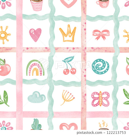 Cute checkered seamless doodle pattern illustration. Naive cartoon design with rainbow, butterfly, sun for nursery wallpaper or kindergarten decor. For children s products or preschool backgrounds. Cute checkered seamless doodle pattern illustration. Naive cartoon design with rainbow, butterfly, sun for nursery wallpaper or kindergarten decor. For children s products or preschool backgrounds. 122213753