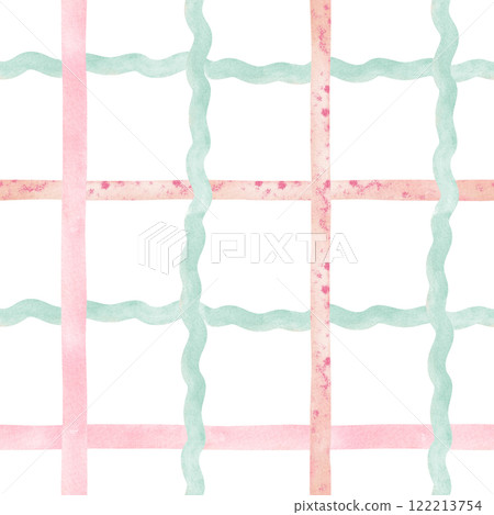 Plaid Seamless pattern with Cute pastel illustration. Hand-drawn design with gingham and checkered elements, ideal for textiles, tablecloths, or kids' bedroom decor. 122213754