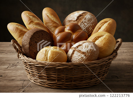 籃子裡各種新鮮出爐的麵包 籃子裡各種新鮮出爐的麵包 122213776
